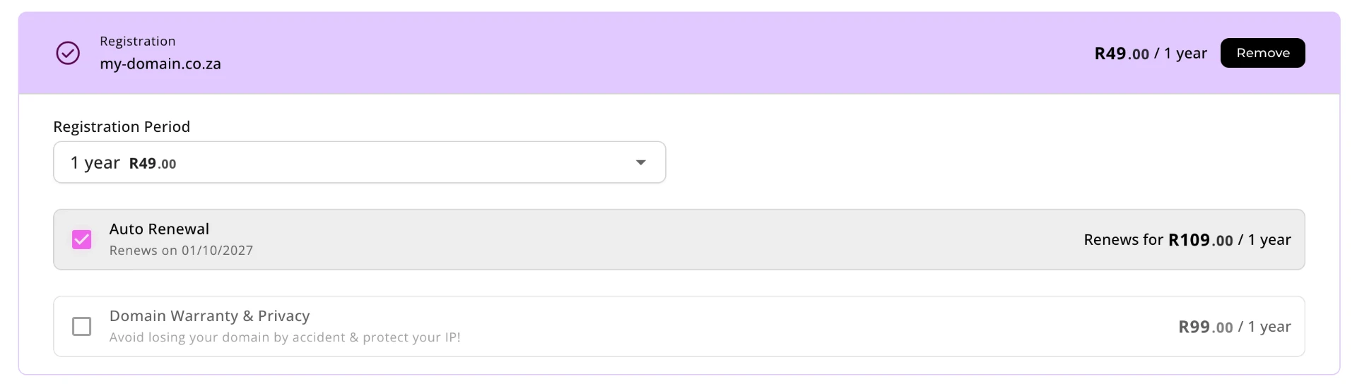 HostAfrica domain settings showing registration period, auto renewal and privacy options