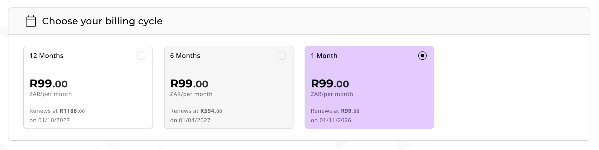 HostAfrica hosting billing cycle options for twelve, six and one month