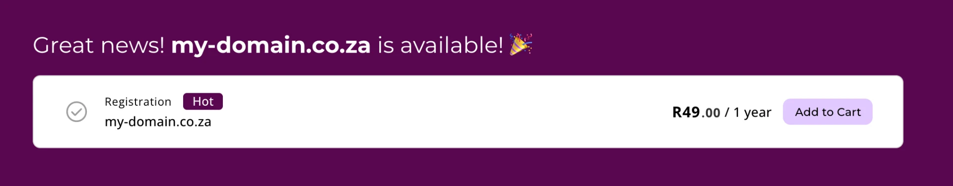 HostAfrica result showing a sample domain available to add to cart