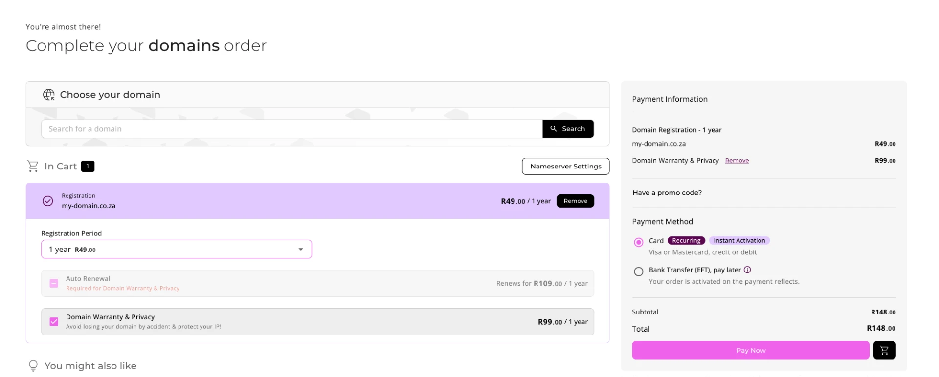HostAfrica checkout with registration, privacy, payment and order total options
